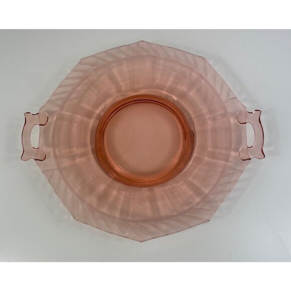 Vintage Pink Depression Glass Serving Tray With Handles Octagonal Shape Elegant - Picture 2 of 12